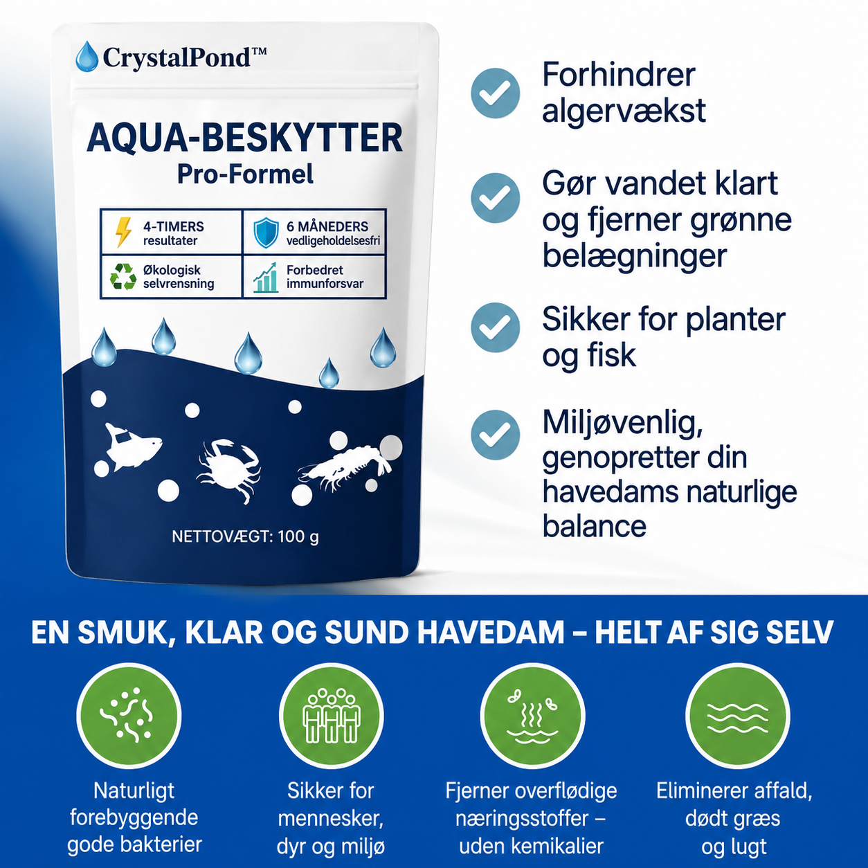 CrystalPond™ Vandbehandling | Synligt klart vand på 24 timer!