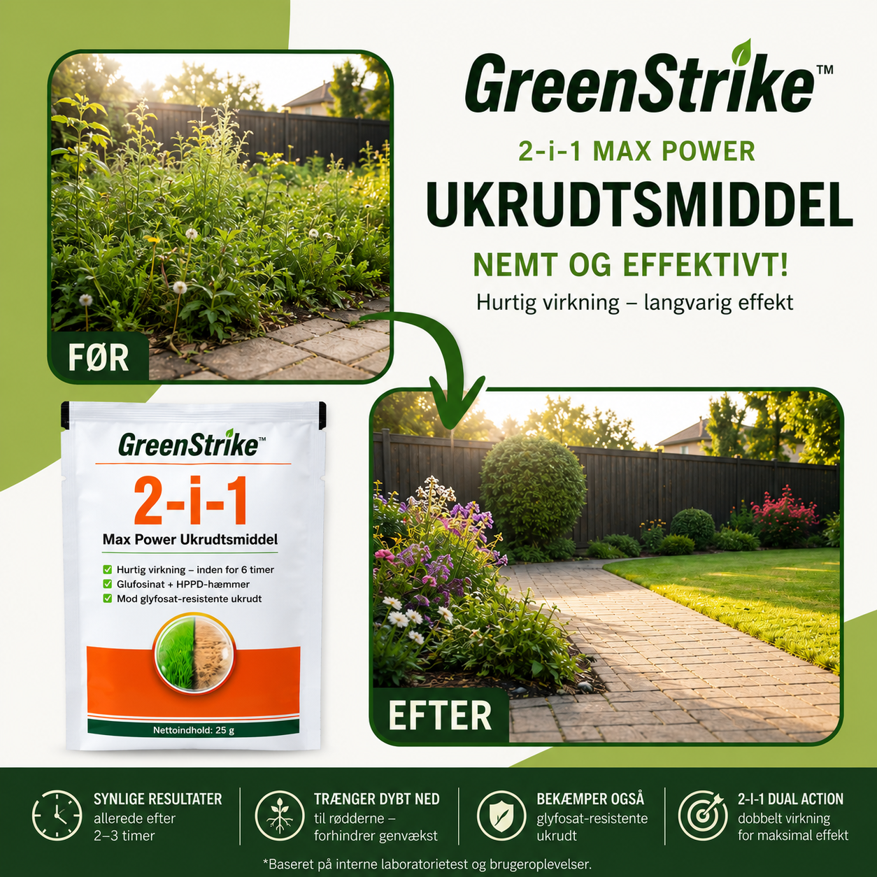 GreenStrike™ 2-i-1 Max Power ukrudtsbekæmper | Se ukrudtet visne allerede inden for 6 timer!