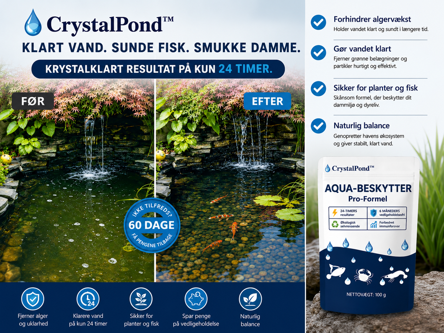 CrystalPond™ Vandbehandling | Synligt klart vand på 24 timer!
